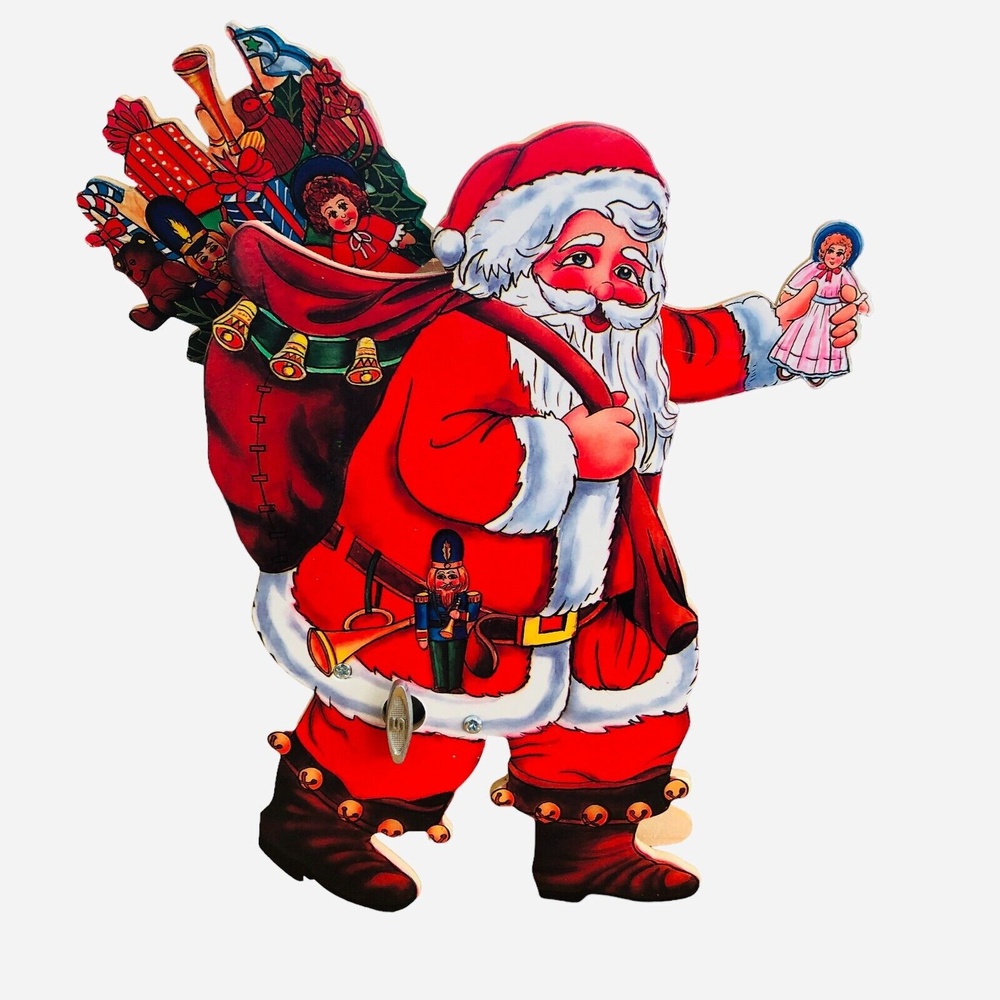 Wooden Musical Animated Wind-up 3-D Santa with Moving Parts 10" x 7"Vintage